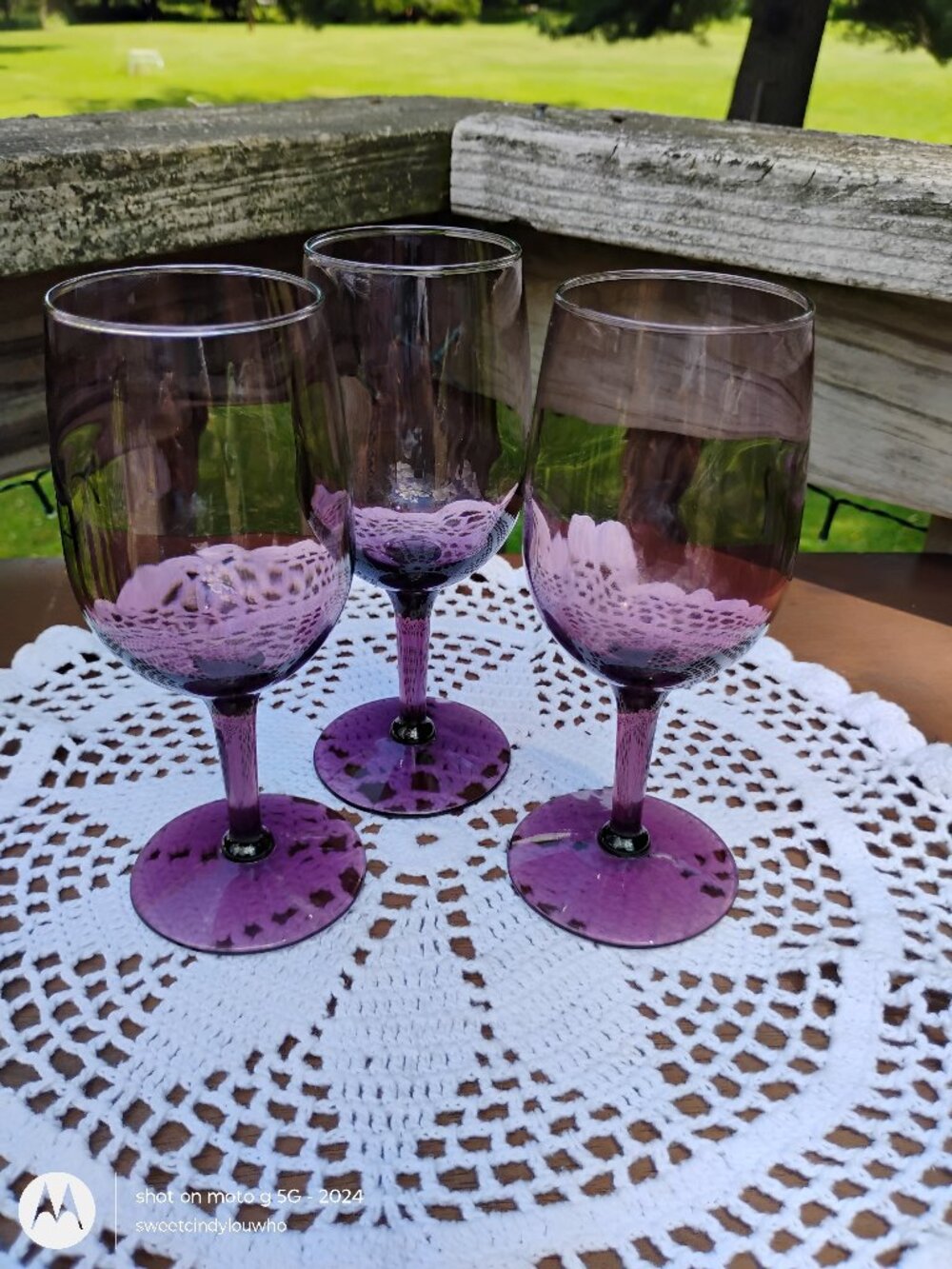 purple amethyst tinted wine goblet glasses set of 3 unk maker poss Fostoria vtg